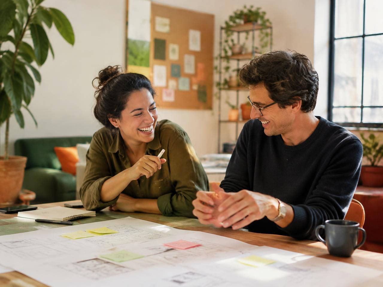 Two founders laughing over workshop sketches