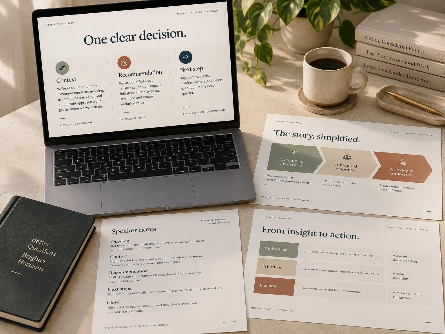 Leadership presentation concept with a decision-focused slide deck, narrative outline and speaker notes